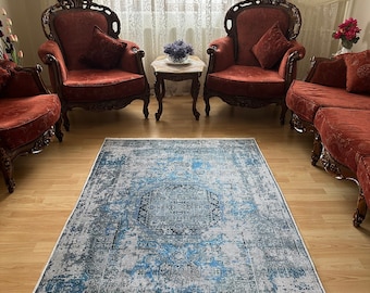 Vintage Style Distressed Look  Blue Grey Tones Medallion Kilim Rug