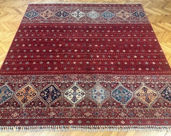 Hand Weaving Wool Rugs %100, Turkish Milas Red Rugs, Khorjin Rug, Traditional Area Rug, Square Kilim, Milas Rug, 6.6x6.7 Ft. 202x205cm