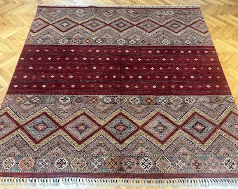 Hand Weaving Wool Rugs %100, Turkish Milas Red Rugs, Khorjin Rug, Traditional Area Rug, Square Kilim, Milas Rug, 6.6x6x7 Ft. 201x203cm