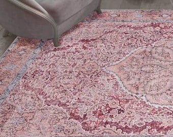 Distressed Area Rug 8x10, Pattern With An Aged Look Rug 8x10, Oriental Rug, Heriz Rug 9x12, Faded Red Rug, Persian Pattern, Rustic Cabin Rug