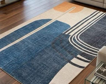 Tappeto Kilim astratto geometrico blu per soggiorno in stile Mid-Century Modern.