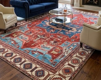 Vintage Style Anatolian Patterned Turkish Rug in Red and Blue