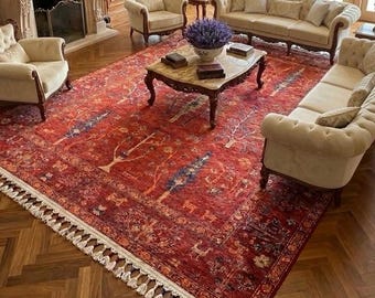 Red Burnt Orange Tones Tree of Life Oriental Vintage Style Turkish Rug
