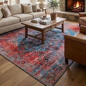 Vintage Distressed Medallion Rug Terracotta Turquoise Boho Rug
