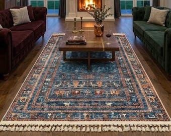Blue Tribal Patterned Vintage Style Turkish Rug with Animal Motifs