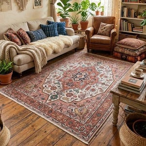 May include: A bohemian-style living room featuring a beige sofa, patterned rug, and wooden flooring. The room is adorned with plants, macramé wall hangings, and framed art. A brown leather armchair is placed near a window with sheer curtains.
