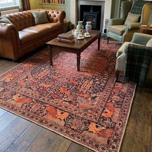 Traditional Animal Pattern Rug - Rust Orange Brown Turkish Style Carpet