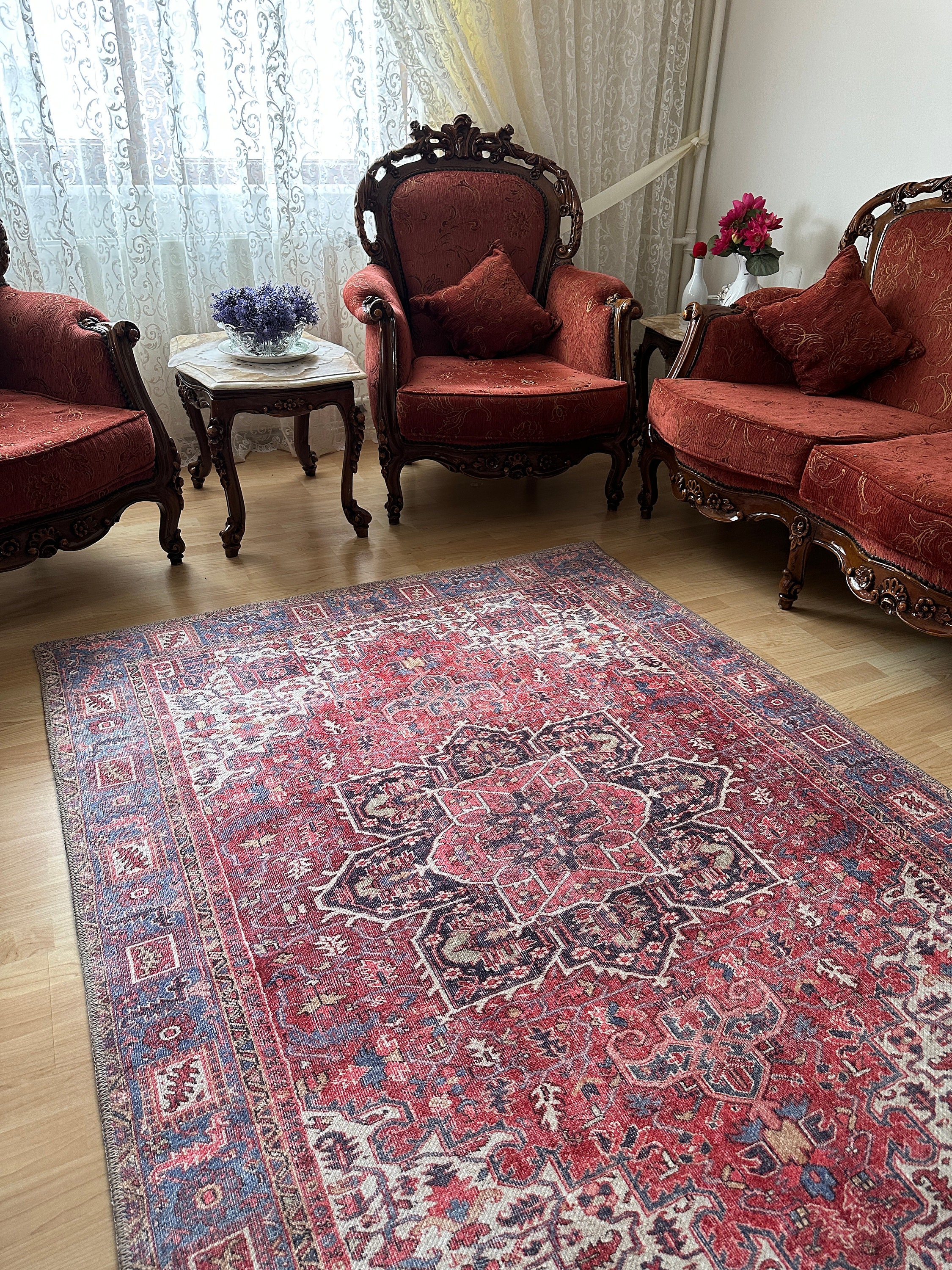 Vintage Look Bokhara Red Rug: Turkish Chenille Cotton Rug 8x10 9x12 - Etsy