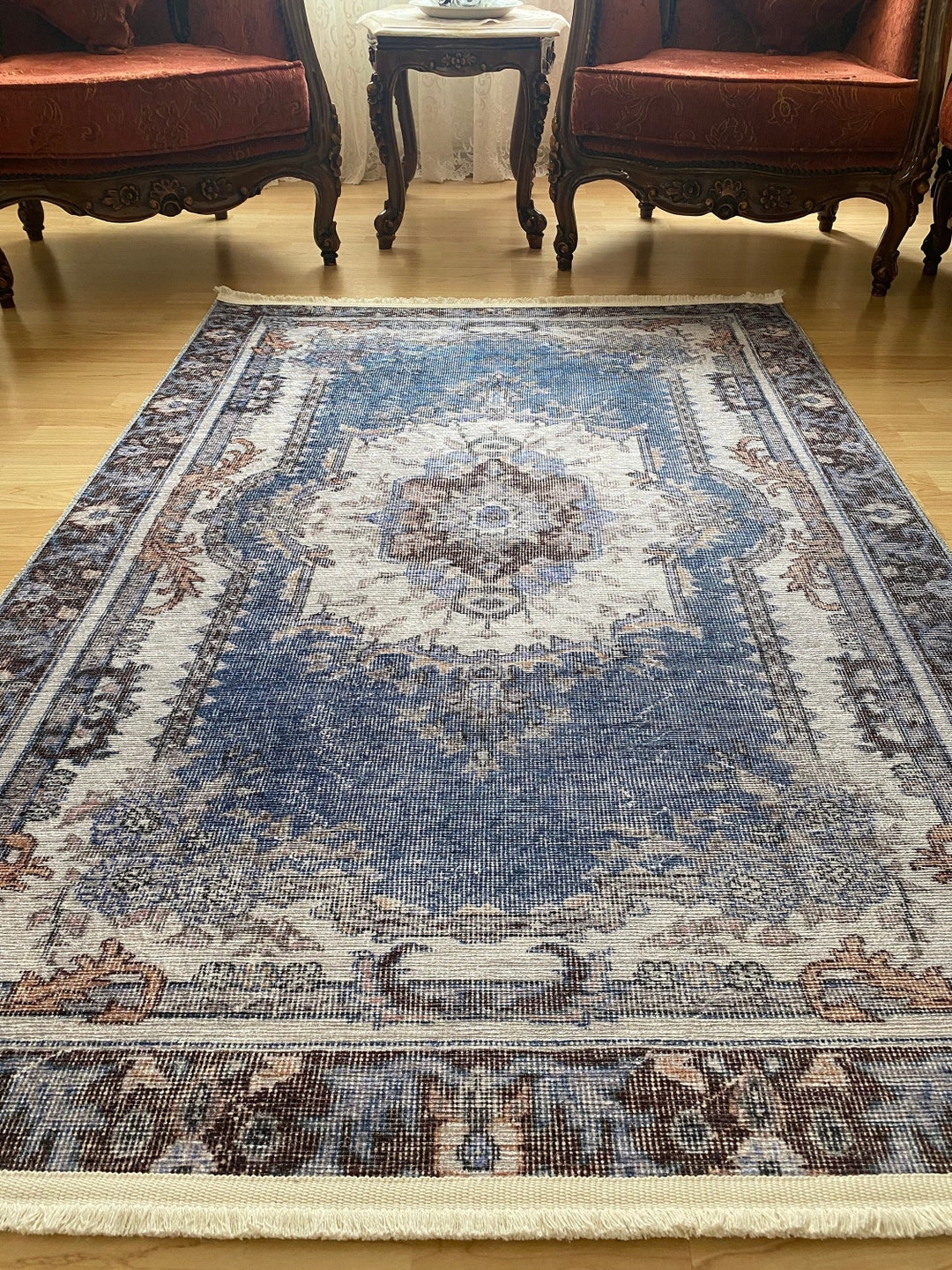 Blue Brown Rug 8x10, Oversize Blue Rug, Heriz Rug, Oriental Boho Rug