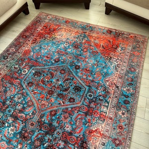 Red Blue Modern Rug 8x10, Rugs For Bedroom, Faded Red Rug 6x9, Bohemian Area Rug, Rugs For Chalet, Red Kilim, Rugs In Shades Of Red And Blue