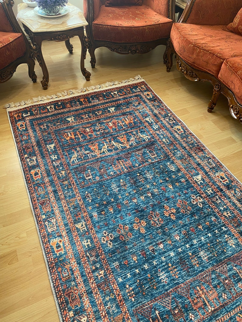 Alfombra persa azul 8x10, alfombra Kilim azul 8x10, alfombra azul vintage oriental, Kilim de Besarabia, alfombra azul de tamaño personalizado, alfombra azul con estampado de animales imagen 5