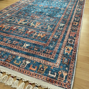 Alfombra persa azul 8x10, alfombra Kilim azul 8x10, alfombra azul vintage oriental, Kilim de Besarabia, alfombra azul de tamaño personalizado, alfombra azul con estampado de animales imagen 8