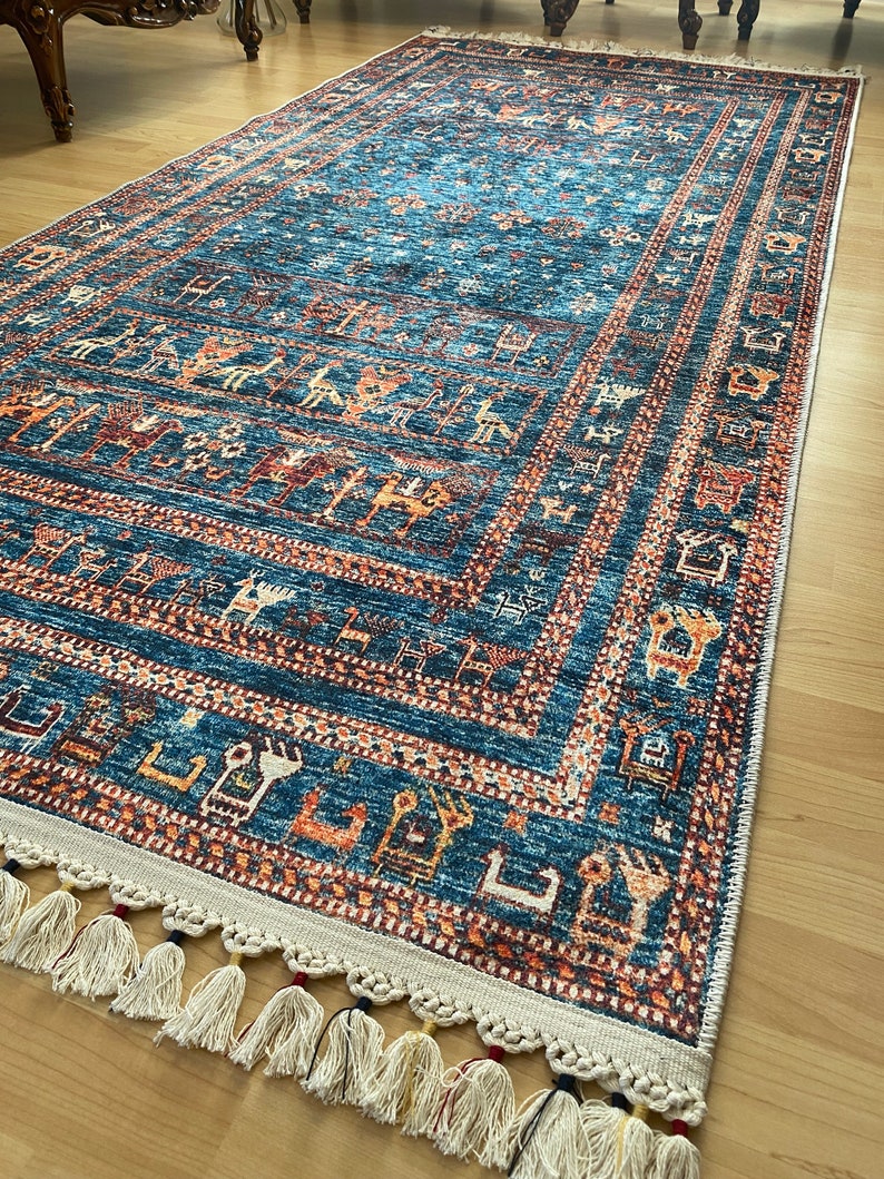 Alfombra persa azul 8x10, alfombra Kilim azul 8x10, alfombra azul vintage oriental, Kilim de Besarabia, alfombra azul de tamaño personalizado, alfombra azul con estampado de animales imagen 8