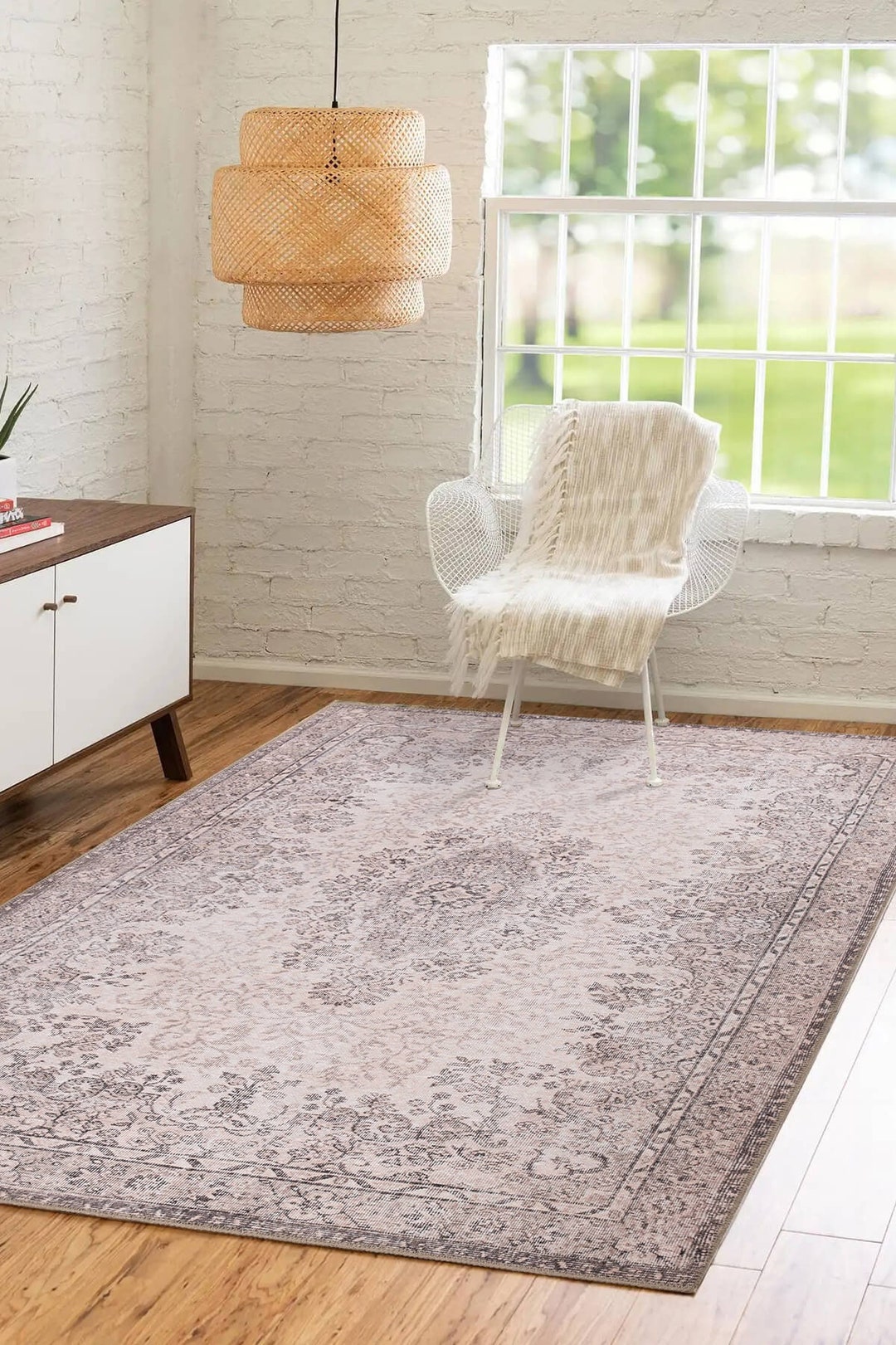 Beige Faded Rug 8x10, Folk Antique Patterned Rug, Rustic Area Rug ...