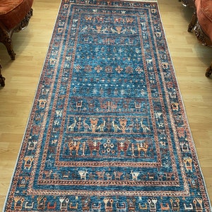 Alfombra persa azul 8x10, alfombra Kilim azul 8x10, alfombra azul vintage oriental, Kilim de Besarabia, alfombra azul de tamaño personalizado, alfombra azul con estampado de animales 3’3”x6’6” 100x200 cm