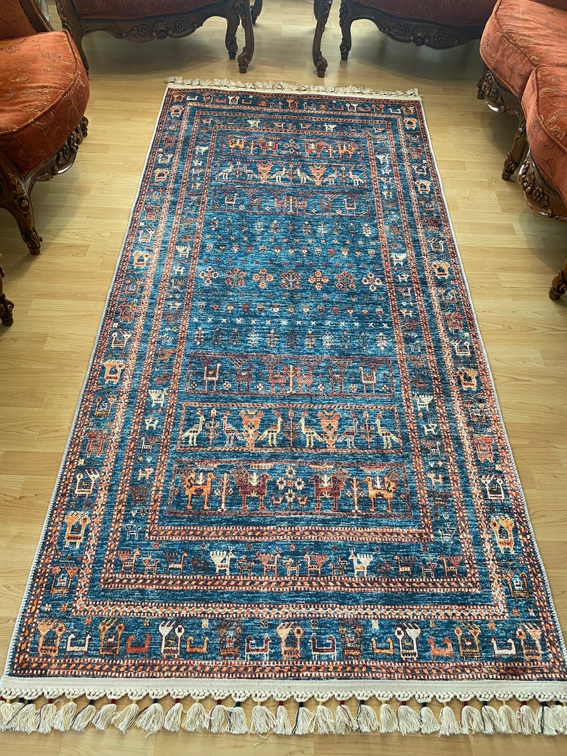 Alfombra persa azul 8x10, alfombra Kilim azul 8x10, alfombra azul vintage oriental, Kilim de Besarabia, alfombra azul de tamaño personalizado, alfombra azul con estampado de animales 3’3”x6’6” 100x200 cm