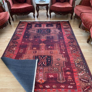 Alfombra vintage roja marrón 8x10, alfombra persa 8x10, alfombra roja Heriz 8x10, alfombra de área oriental imagen 10