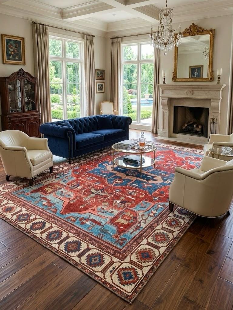 Vintage Style Anatolian Patterned Turkish Rug in Red and Blue