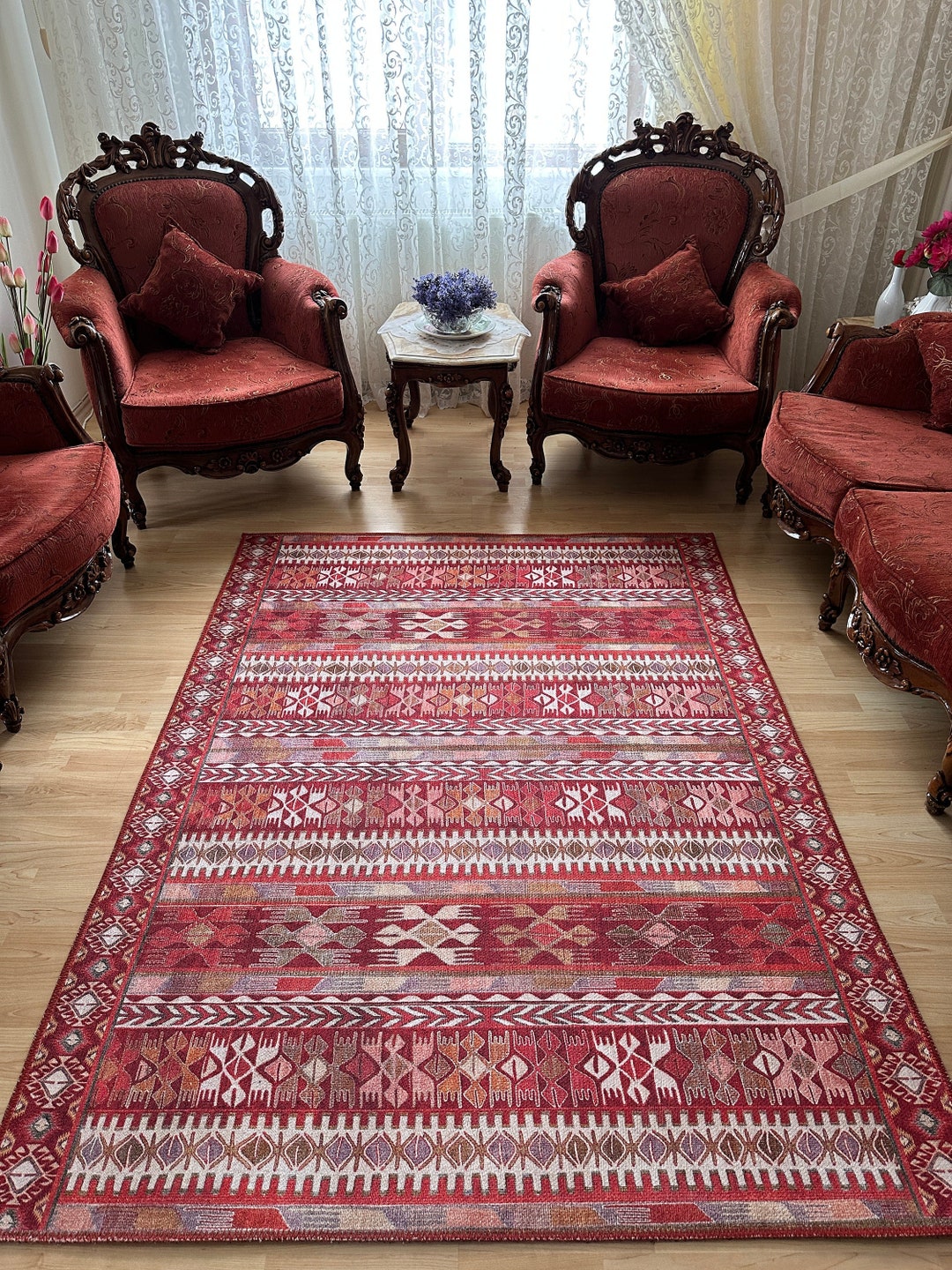 Red Turkish Style Rug Red Turkish Rug 8x10 9x12: Antique Style Anatolian Cotton Chenille Rug ...