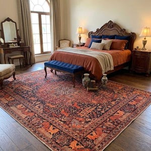 May include: A large rectangular area rug featuring a complex pattern of orange, rust, and dark blue floral and animal motifs. The rug covers a significant portion of the dark wood floor in a bedroom, positioned beneath a bed with rust-coloured bedding.