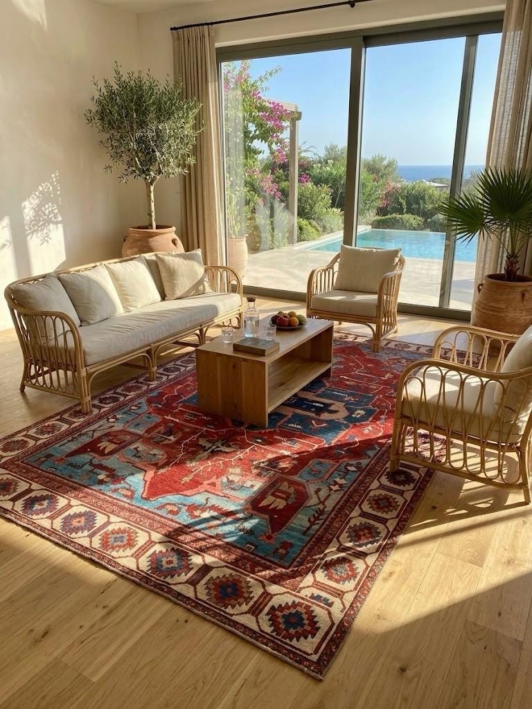 Vintage Style Anatolian Patterned Turkish Rug in Red and Blue