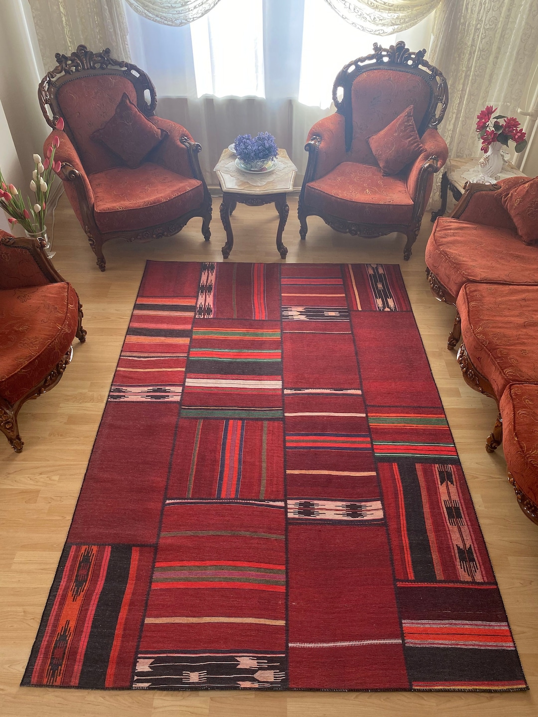Patterned Turkish Rug Burgundy Patchwork Patterned Rug: Ethnic Turkish Chenille Cotton Rug - Etsy