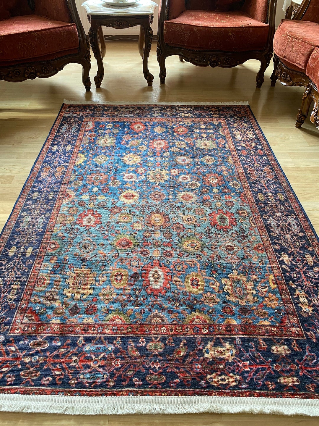 Blue Kilim Rug Blue Floral Rug 8x10 Heriz Rug Oriental Rug Etsy