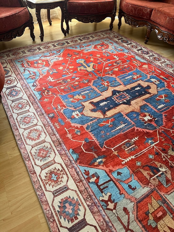 Red and Blue Turkish Rug 8x10: Chenille Cotton Rug 9x12 5x8 6x9 - Etsy