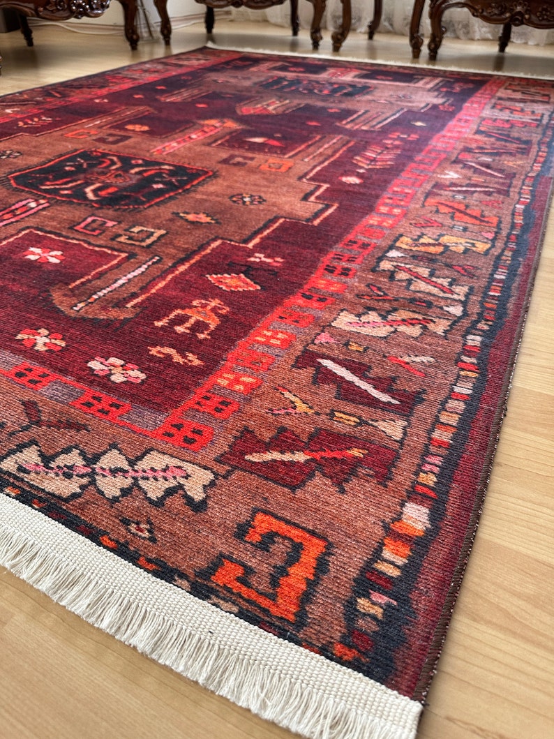 Alfombra vintage roja marrón 8x10, alfombra persa 8x10, alfombra roja Heriz 8x10, alfombra de área oriental imagen 6