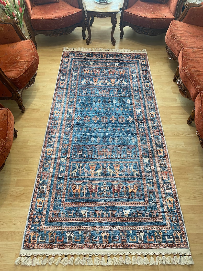 Blue Persian Rug 8x10, Blue Kilim Rug 8x10, Oriental Vintage Blue Rug, Bessarabian Kilim, Custom Sized Blue Rug, Animal Patterned Blue Rug image 4