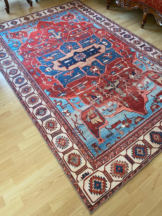 Vintage Style Anatolian Patterned Turkish Rug in Red and Blue