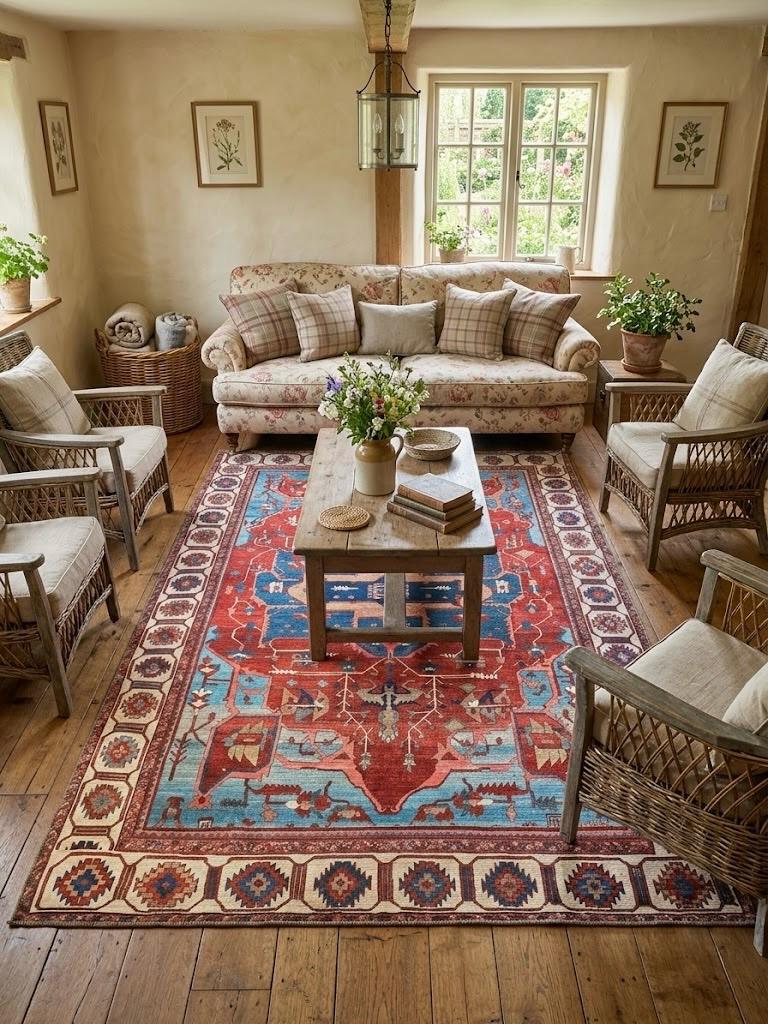 Vintage Style Anatolian Patterned Turkish Rug in Red and Blue