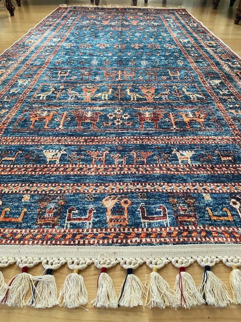 Alfombra persa azul 8x10, alfombra Kilim azul 8x10, alfombra azul vintage oriental, Kilim de Besarabia, alfombra azul de tamaño personalizado, alfombra azul con estampado de animales imagen 1