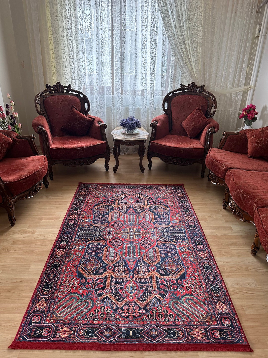 Red Turkish Style Rug Red Turkish Rug: Oriental Style Cotton Chenille Area Rug - Etsy