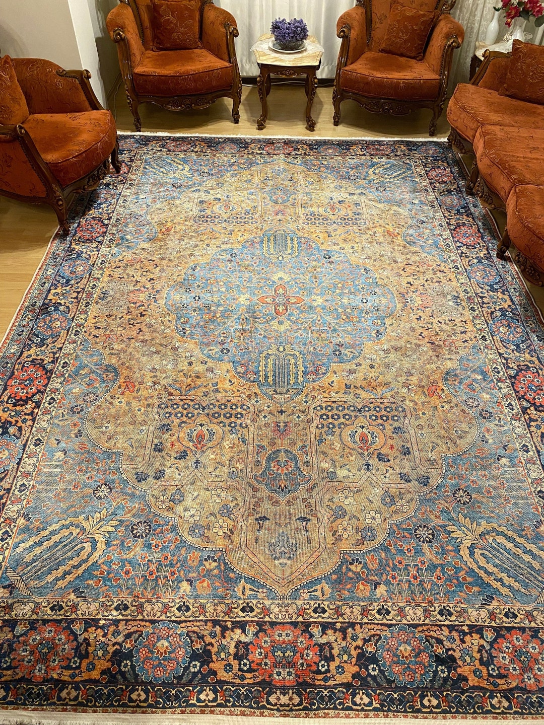 Persian Pattern Rug 8x10, Blue Gold Ethnic Rug 8x10, Heriz Rug