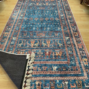 Alfombra persa azul 8x10, alfombra Kilim azul 8x10, alfombra azul vintage oriental, Kilim de Besarabia, alfombra azul de tamaño personalizado, alfombra azul con estampado de animales imagen 10