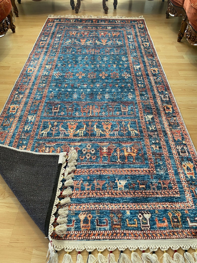 Alfombra persa azul 8x10, alfombra Kilim azul 8x10, alfombra azul vintage oriental, Kilim de Besarabia, alfombra azul de tamaño personalizado, alfombra azul con estampado de animales imagen 10