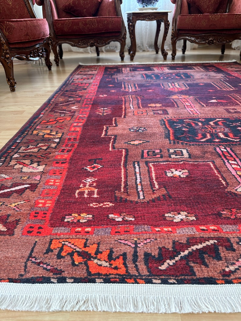 Bruin rood vintage tapijt 8x10, Perzisch tapijt 8x10, Heriz rood tapijt 8x10, Oosters gebiedsdeken afbeelding 5