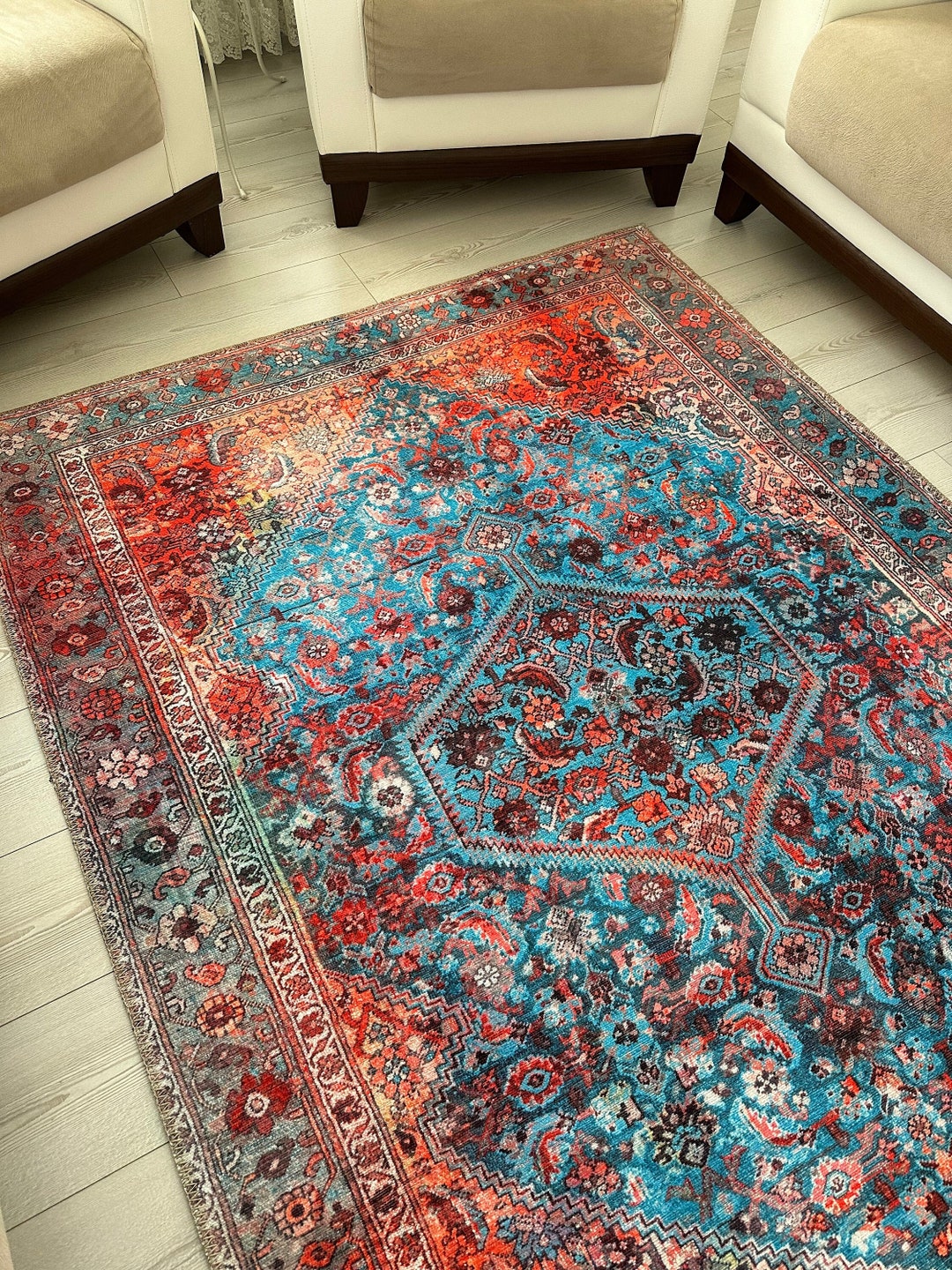 Red Blue Modern Rug 8x10, Rugs for Bedroom, Faded Red Rug 6x9, Bohemian Area Rug, Rugs for