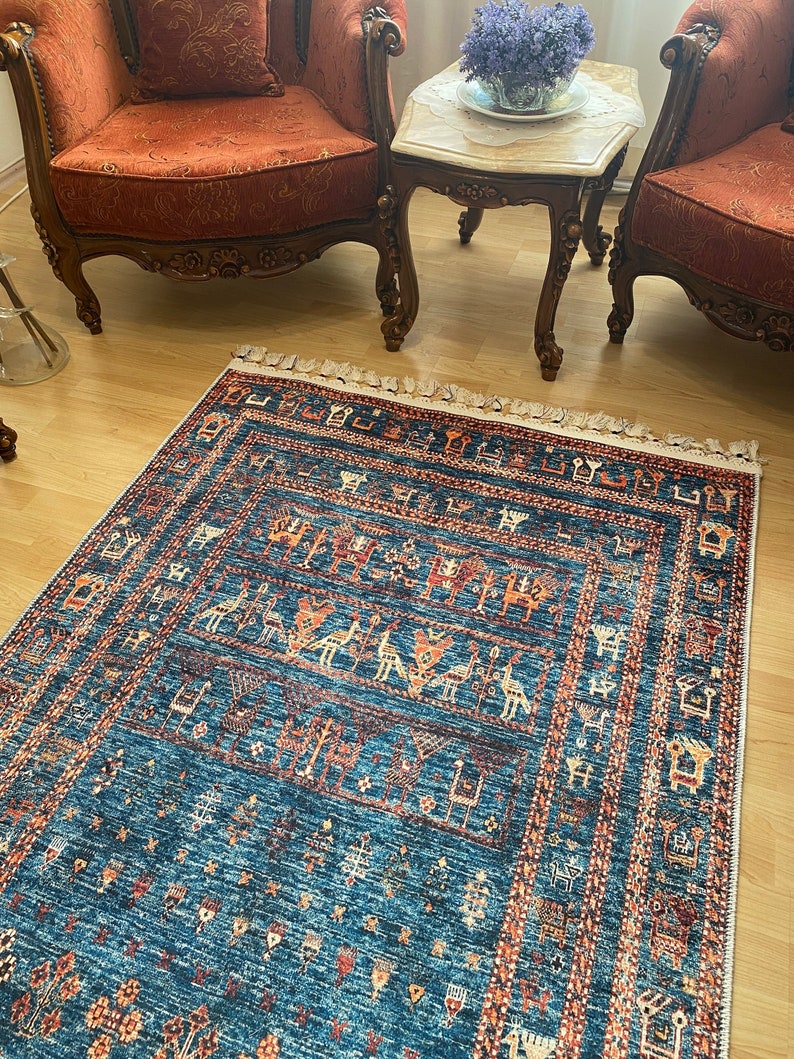 Blue Persian Rug 8x10, Blue Kilim Rug 8x10, Oriental Vintage Blue Rug, Bessarabian Kilim, Custom Sized Blue Rug, Animal Patterned Blue Rug image 7