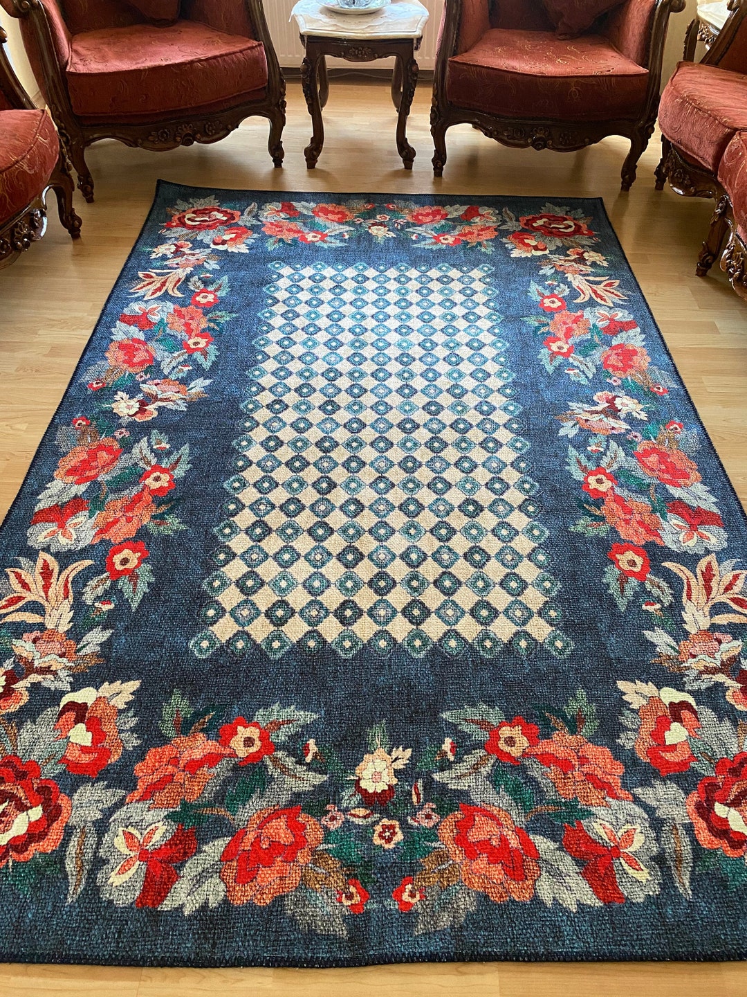 Floral Blue Kilim Rug 8x10, Checkered Area Rug, Colorful Turkish Rug ...