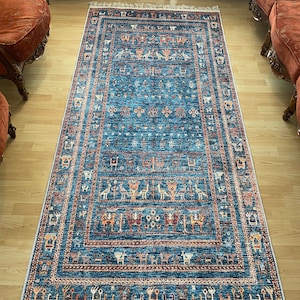 Alfombra persa azul 8x10, alfombra Kilim azul 8x10, alfombra azul vintage oriental, Kilim de Besarabia, alfombra azul de tamaño personalizado, alfombra azul con estampado de animales imagen 6