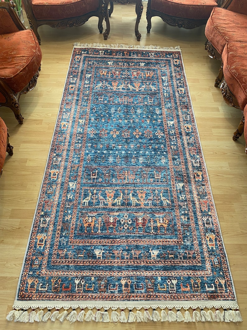 Alfombra persa azul 8x10, alfombra Kilim azul 8x10, alfombra azul vintage oriental, Kilim de Besarabia, alfombra azul de tamaño personalizado, alfombra azul con estampado de animales imagen 6