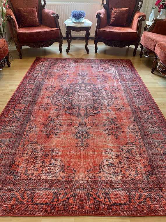 Distressed Red Area Rug 8x10 Red Vintage Rug 8x10 Oriental Rug Heriz Rug Faded Red Rug Persian Pattern Area Rug 7x9 Rustic Cabin Rug Etsy