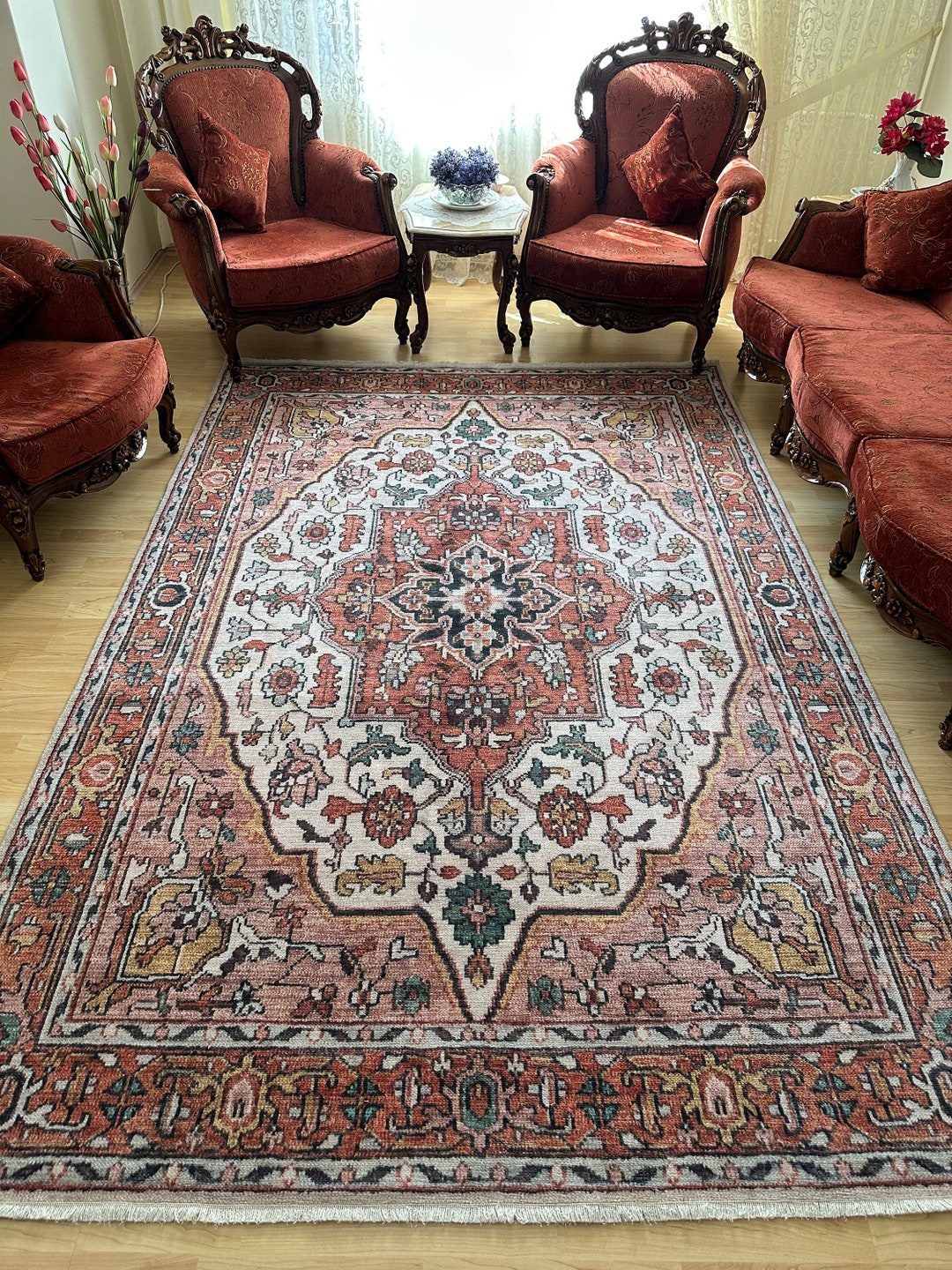 Turkish Handmade Fish Rug Salmon Turkish Rug: Vintage Style Cotton Chenille Anatolian Medallion ...