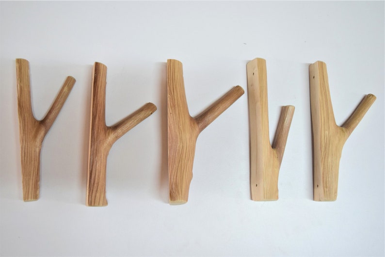 5x creative tree branch hooks, nordic solid wood, set of 5 wooden hangers, wood wall hooks, rustic coat hangers, farmhouse wall hooks image 1