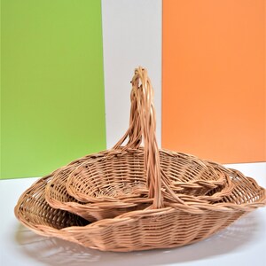 Pu&ograve; includere: Un set di tre cesti in vimini intrecciato con un'unica maniglia. I cesti sono annidati l'uno dentro l'altro, con il cestello pi&ugrave; grande in basso e il cestello pi&ugrave; piccolo in alto. I cesti sono di colore marrone chiaro.