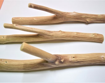 3 ganchos grandes para ramas de árbol, madera maciza natural, juego de 3 ganchos de madera, ganchos de pared de madera, perchas rústicas de cabaña, ganchos de pared con ganchos de granja