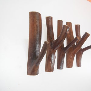 5x self adhesive tree branch hooks, solid wood, set of 5 wooden wall hooks, dark mahogany wood stain, rustic coat hangers, towel hook