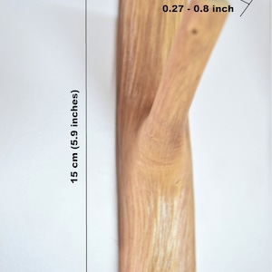 May include: A wooden wall hook with a natural finish. The hook is 5.9 inches tall and has a 0.8 inch wide branch extending out. The hook has two holes for mounting.